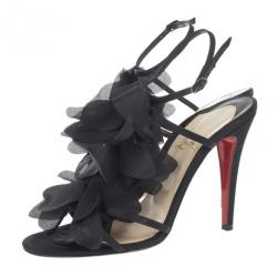 Pre Owned Christian Louboutin Black Satin 'Mount Street' T-Strap Sandals Size 38