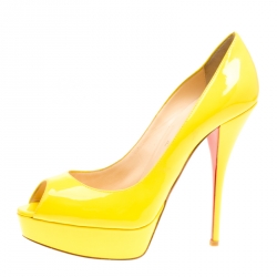 Pre Owned Christian Louboutin Yellow Patent Leather Lady Peep Toe Platform Pumps Size 39
