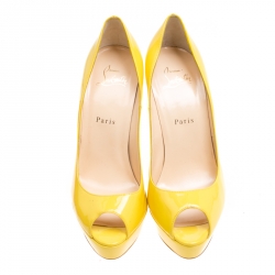 Pre Owned Christian Louboutin Yellow Patent Leather Lady Peep Toe Platform Pumps Size 39