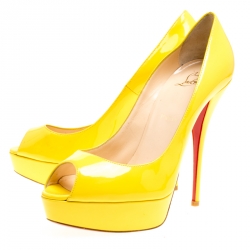 Pre Owned Christian Louboutin Yellow Patent Leather Lady Peep Toe Platform Pumps Size 39