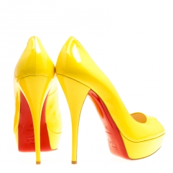 Pre Owned Christian Louboutin Yellow Patent Leather Lady Peep Toe Platform Pumps Size 39