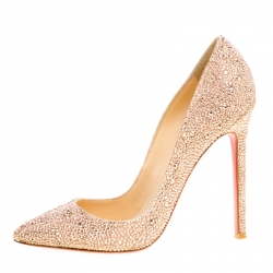 Pre Owned Christian Louboutin Beige Crystal Embellished Decollete 554 Pointed Toe Pumps Size 38