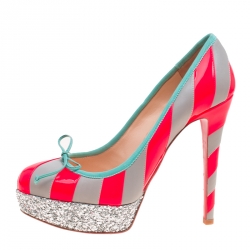 Pre Owned حذاء كعب عالي كريستيان لوبوتان نعل سميك غليتر فورين جلد مخطط رمادي/ وردي فلورسنت مقاس 37.5