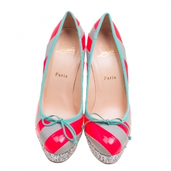 Pre Owned حذاء كعب عالي كريستيان لوبوتان نعل سميك غليتر فورين جلد مخطط رمادي/ وردي فلورسنت مقاس 37.5