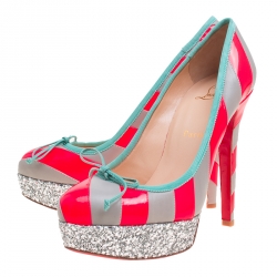 Pre Owned حذاء كعب عالي كريستيان لوبوتان نعل سميك غليتر فورين جلد مخطط رمادي/ وردي فلورسنت مقاس 37.5