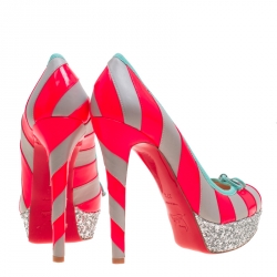 Pre Owned حذاء كعب عالي كريستيان لوبوتان نعل سميك غليتر فورين جلد مخطط رمادي/ وردي فلورسنت مقاس 37.5