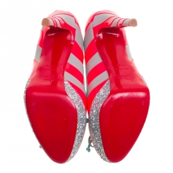 Pre Owned حذاء كعب عالي كريستيان لوبوتان نعل سميك غليتر فورين جلد مخطط رمادي/ وردي فلورسنت مقاس 37.5