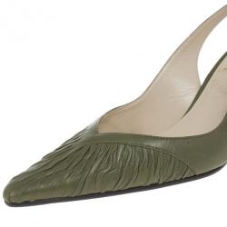 Pre Owned Christian Louboutin Green Leather Pleated Slingback Sandals Size 38
