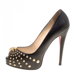 Pre Owned Christian Louboutin Black Leather Vendo Knock Studded Platform Pumps Size 38.5