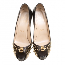 Pre Owned Christian Louboutin Black Leather Vendo Knock Studded Platform Pumps Size 38.5
