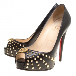Pre Owned Christian Louboutin Black Leather Vendo Knock Studded Platform Pumps Size 38.5