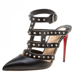 Pre Owned Christian Louboutin Black Leather Tchicaboum Spike Embellished Strappy Sandals Size 39.5