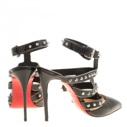 Pre Owned Christian Louboutin Black Leather Tchicaboum Spike Embellished Strappy Sandals Size 39.5