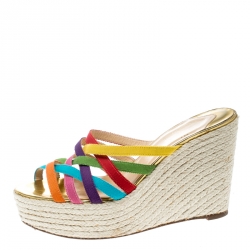Pre Owned Christian Louboutin Multicolor Fabric Crepon 110 Espadrille Wedge Sandals Size 37