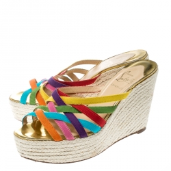 Pre Owned Christian Louboutin Multicolor Fabric Crepon 110 Espadrille Wedge Sandals Size 37