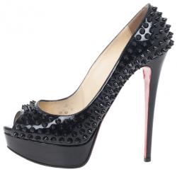Pre Owned Christian Louboutin Black Patent Lady Peep Toe Spikes Platform Pumps Size 38.5