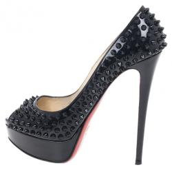 Pre Owned Christian Louboutin Black Patent Lady Peep Toe Spikes Platform Pumps Size 38.5