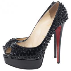 Pre Owned Christian Louboutin Black Patent Lady Peep Toe Spikes Platform Pumps Size 38.5