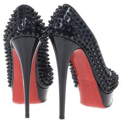 Pre Owned Christian Louboutin Black Patent Lady Peep Toe Spikes Platform Pumps Size 38.5
