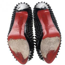 Pre Owned Christian Louboutin Black Patent Lady Peep Toe Spikes Platform Pumps Size 38.5