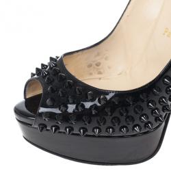 Pre Owned Christian Louboutin Black Patent Lady Peep Toe Spikes Platform Pumps Size 38.5