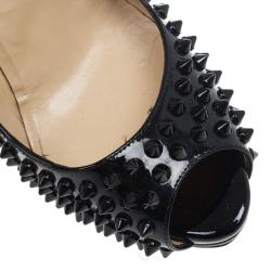 Pre Owned Christian Louboutin Black Patent Lady Peep Toe Spikes Platform Pumps Size 38.5