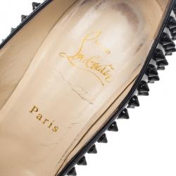Pre Owned Christian Louboutin Black Patent Lady Peep Toe Spikes Platform Pumps Size 38.5