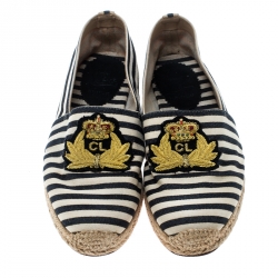 مملوكة مسبقًا Christian Louboutin Black/White Striped Canvas Gala Embroidered Crest Espadrille Loafers Size 40