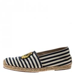 مملوكة مسبقًا Christian Louboutin Black/White Striped Canvas Gala Embroidered Crest Espadrille Loafers Size 40