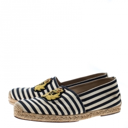 مملوكة مسبقًا Christian Louboutin Black/White Striped Canvas Gala Embroidered Crest Espadrille Loafers Size 40