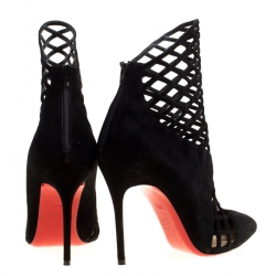 Pre Owned Christian Louboutin Black Suede Mrs Bouglione Cage Ankle Boots Size 36.5