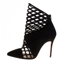 Pre Owned Christian Louboutin Black Suede Mrs Bouglione Cage Ankle Boots Size 36.5