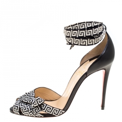 Pre Owned Christian Louboutin Black/Monochrome Leather and Fabric Christeriva Ankle Wrap Sandals 37.5