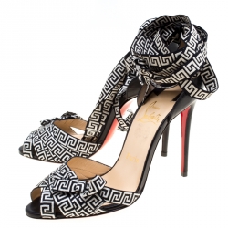 Pre Owned Christian Louboutin Black/Monochrome Leather and Fabric Christeriva Ankle Wrap Sandals 37.5