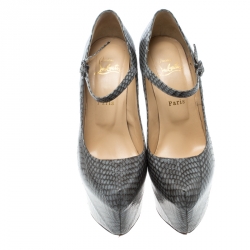 Pre Owned Christian Louboutin Grey Snakeskin Leather Lady Daf Mary Jane Platform Pumps Size 39.5