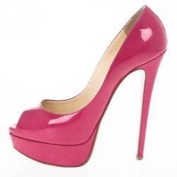 Pre Owned Christian Louboutin Pink Patent Lady Peep Toe Platform Pumps Size 37