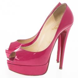Pre Owned Christian Louboutin Pink Patent Lady Peep Toe Platform Pumps Size 37