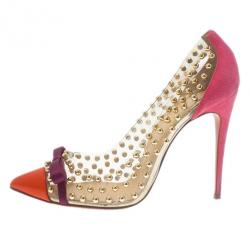 Pre Owned Christian Louboutin Studded PVC Bille Et Boule Bow Pumps Size 38