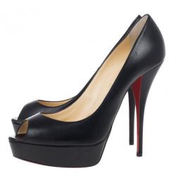 Pre Owned Christian Louboutin Black Leather Lady Peep Platform Pumps Size 41