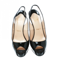 Pre Owned Christian Louboutin Black Patent Leather Private Number Peep Toe Slingback Sandals Size 37.5
