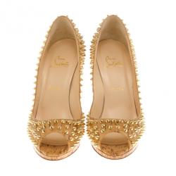 Pre Owned Christian Louboutin Yolanda Cork Patent Spike Peep Toe Pumps Size 40