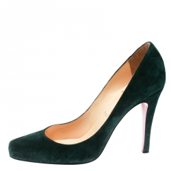 Pre Owned Christian Louboutin Green Suede Particule Square Toe Pumps Size 37.5