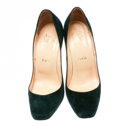 Pre Owned Christian Louboutin Green Suede Particule Square Toe Pumps Size 37.5