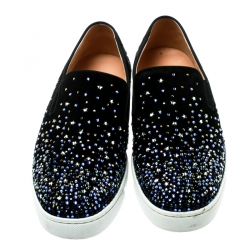 Pre Owned Christian Louboutin Black Suede Dolcita Crystal Star Embellished Slip On Sneakers Size 37