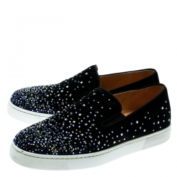 Pre Owned Christian Louboutin Black Suede Dolcita Crystal Star Embellished Slip On Sneakers Size 37