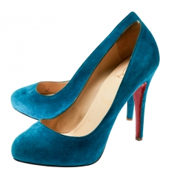 مملوكة مسبقًا حذاء كعب عالي كريستيان لوبوتان نعل سميك سويدي توركواز مقاس 37.5