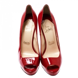 Pre Owned حذاء كعب عالي كريستيان لوبوتان نعل سميك مقدمة مفتوحة جلد لامع أحمر مقاس 39.5