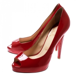 Pre Owned حذاء كعب عالي كريستيان لوبوتان نعل سميك مقدمة مفتوحة جلد لامع أحمر مقاس 39.5