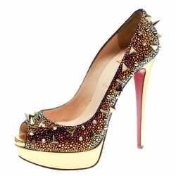 Christian Louboutin Multicolor Crystal And Spike Embellished Lady Peep Toe Platform Pumps Size 39.5