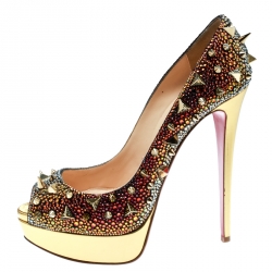 Christian Louboutin Multicolor Crystal And Spike Embellished Lady Peep Toe Platform Pumps Size 39.5